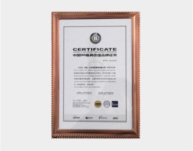 2019年中国500最具价值品牌证书